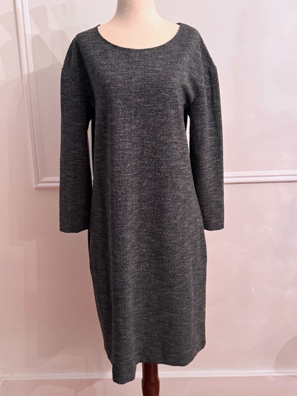 Theory Charcoal Heather Marled Knit Boat Neck Shift Midi Dress Sz L